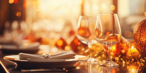 Fototapeta na wymiar beautiful festive table setting with glasses and cutlery