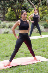 two women exercising in a park