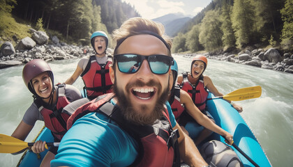 Smiling group of friends on a rafting - obrazy, fototapety, plakaty