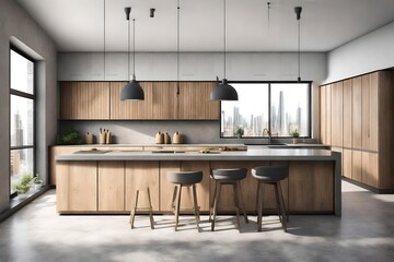 Modern kitchen interior made of wood and concrete, featuring an island, appliances, window overlooking the city, and daylight and an empty mock-up spot on the wall.