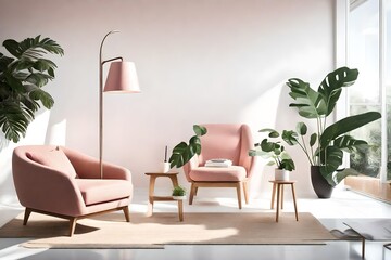 a modern living room where a sleek floor lamp, a vibrant potted monstera plant, and a stylish wooden lounge chair with soft pastel pink cushions are strategically arranged against a clean white wall. 