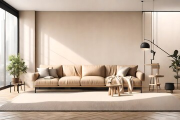 interior living room with comfortable beige couch and contemporary apartment design