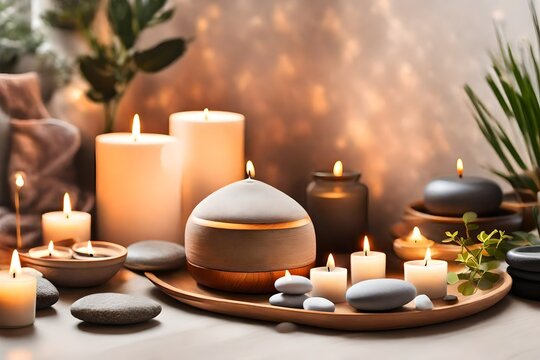 cosy nook for unwinding and meditation at home. scented diffuser, flickering candles, soothing stones, and aromatherapy. interior design, home decor, 