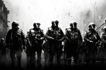 riot police standing in line in black and white 