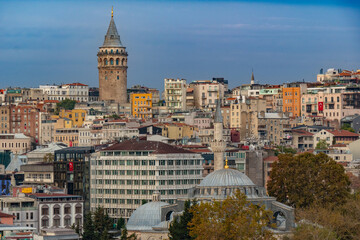 View of Galata (modern Karaköy) with the Galata Tower part of the medieval Genoese citadel walls,...