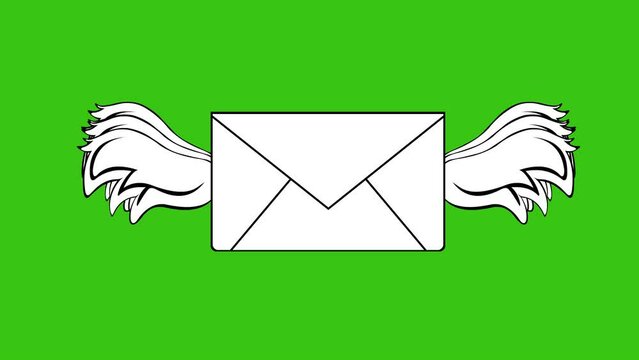video drawing animation cartoon illustration envelope card letter with moving wings, drawn in black and white. On a green chroma key background