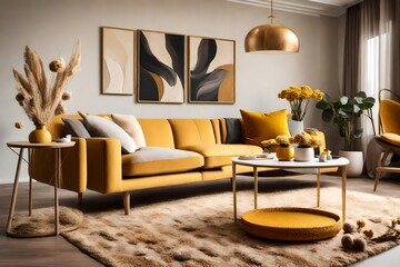 Elegant sofa, yellow side table, pillow, dried flowers, carpet, and individual items in modern home decor adorn this chic living room in a mansion. model. Make a copy of space.