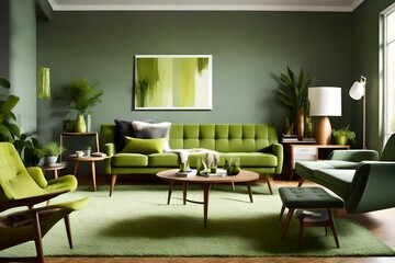 a modern living room in a mid-century modern-style home, showcasing the use of tranquil greens, sleek furniture, a fur blanket on a grey sofa near a coffee table with candles against the window, 