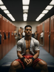 A boxer practicing deep breathing exercises, seated in a relaxed pose in the locker room, emphasizing the importance of controlled breathing for mental focus. - obrazy, fototapety, plakaty