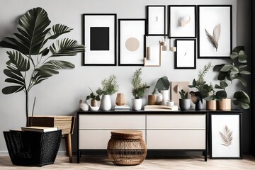 Modern scandinavian living room interior with black mock up poster frame, design commode, leaf in vase, black rattan basket, books and elegant accessories. Template. Stylish home decor.