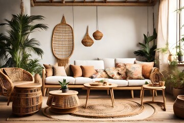 interior design of living room with sofa and rattan armchair - obrazy, fototapety, plakaty