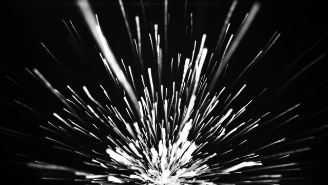 abstract black and white animated firework particle burst, christmas new years eve animation, 4k uhd loop