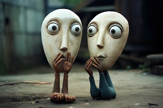 two sculpture doll gossiping with smile and big eye, conceptual art idea for secret and psychology theme, Generative Ai