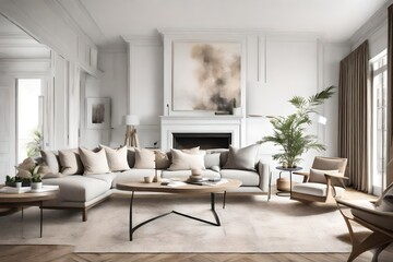 Naklejka na ściany i meble Interior living room with neutral tones and white walls