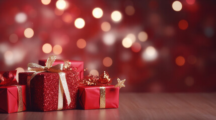 Colorful red lights bokeh background, Cute red gift boxes on the table with Chrismas lights bokeh
