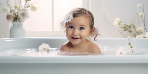 happy smiling toddler in bath tub with bath foam and flower, baby cleaning skin care hygiene, Generative Ai