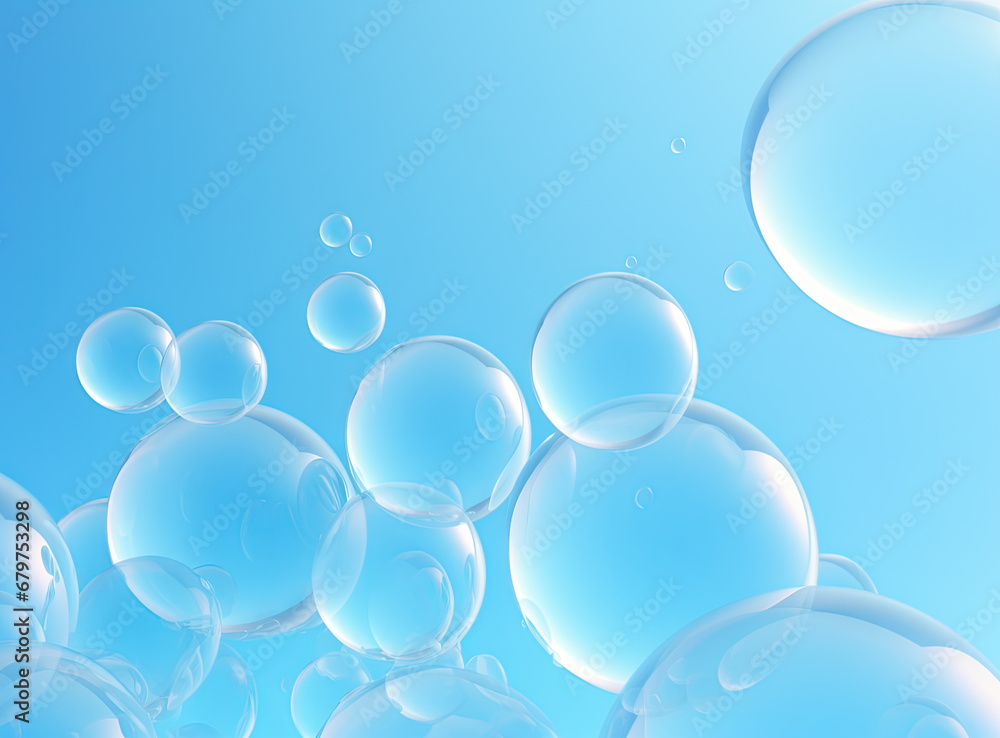 Poster soaring bubbles on blue background. abstract soap bubbles floating background.