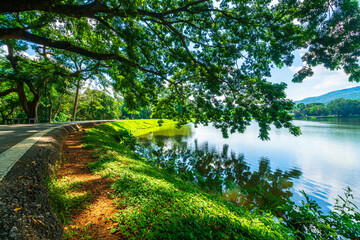 a public place Asphalt black grey road leisure travel landscape lake views at Ang Kaew Chiang Mai University and Doi Suthep nature forest Mountain views spring cloudy sky background with white cloud.