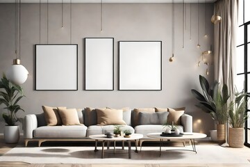 Stylish Living Room Interior with Mockup Frame Poster, Modern interior design, 3D illustration