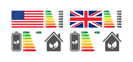 Letter rating icons. Flat, color, American, British national flag, battery letter rating, houses. Vector icons