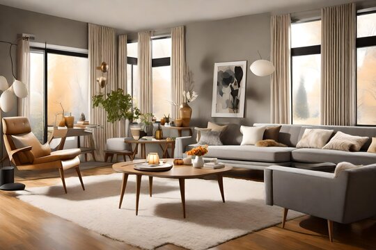 Paint a vivid picture of a modern living room in a mid-century modern-style home, featuring calm, neutral tones, sleek furniture, a fur blanket on a grey sofa near a coffee table 