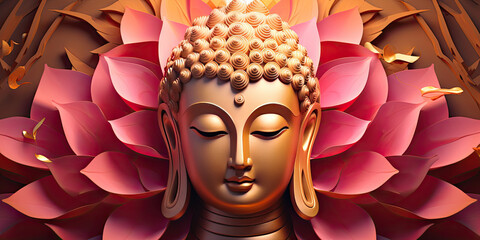 glowing 3d golden buddha face and abstract glowing colorful lotuses flowers - obrazy, fototapety, plakaty