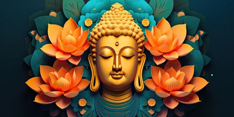 Tuinposter glowing 3d golden buddha face and abstract glowing colorful lotuses flowers © Kien
