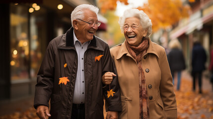 Fototapeta premium Happy senior couple walking in the city. They are laughing and holding maple leaves.