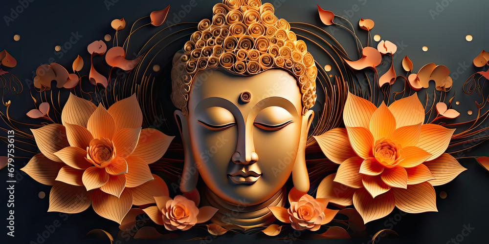 Wall mural glowing 3d golden buddha face and abstract glowing colorful lotuses flowers