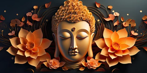 Fotobehang glowing 3d golden buddha face and abstract glowing colorful lotuses flowers © Kien