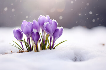spring crocus flowers in the snow