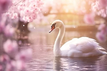 Raamstickers White swans swimming in lake. Fairy tale landscape with elegant bird and blooming flowers. Spring background for greeting card, banner, wallpaper with copy space © ratatosk