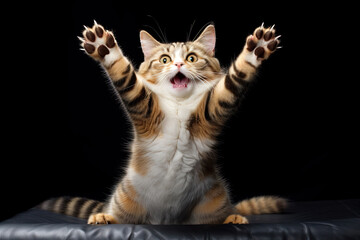 Funny surprised cat with a questioning pose. A cute kitten asks in surprise where the treats are.