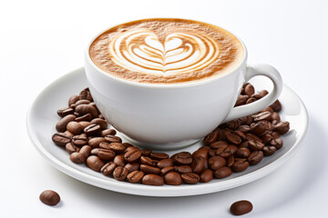 Cup of coffee with coffee beans near it on isolated background. - obrazy, fototapety, plakaty
