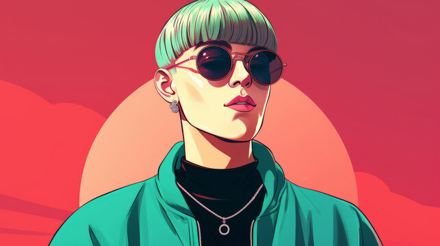 Generative ai cartoon style illustration young man with a bowl cut fsshionable wearing sunglasses