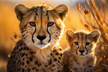 Leopard kitten baby, hidden nice orange grass. Leopard cub with mother walk. Big wild cat in the nature habitat