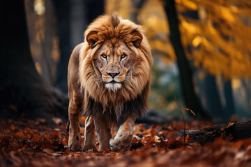 A lion with a beautiful mane lies on the ground. - obrazy, fototapety, plakaty