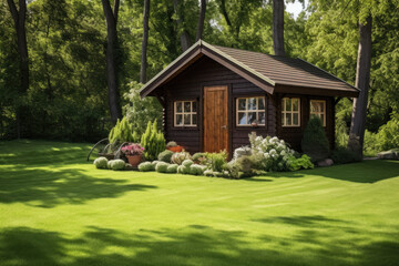 Wooden shed in the garden, with grass lawn - obrazy, fototapety, plakaty