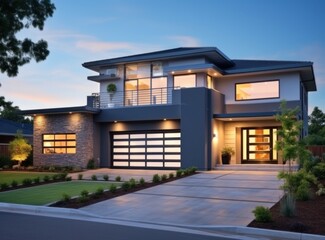 modern home with double garage at dusk - obrazy, fototapety, plakaty