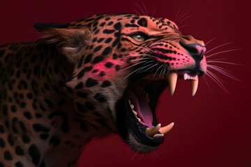 Roaring leopard on dark pink background with neon light. Angry big cat, aggressive jaguar attacking. Animal for poster, print, card, banner