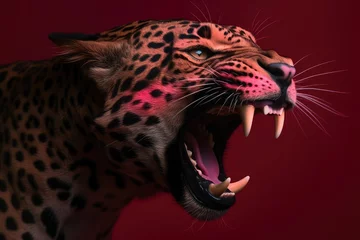 Afwasbaar fotobehang Roaring leopard on dark pink background with neon light. Angry big cat, aggressive jaguar attacking. Animal for poster, print, card, banner © ratatosk