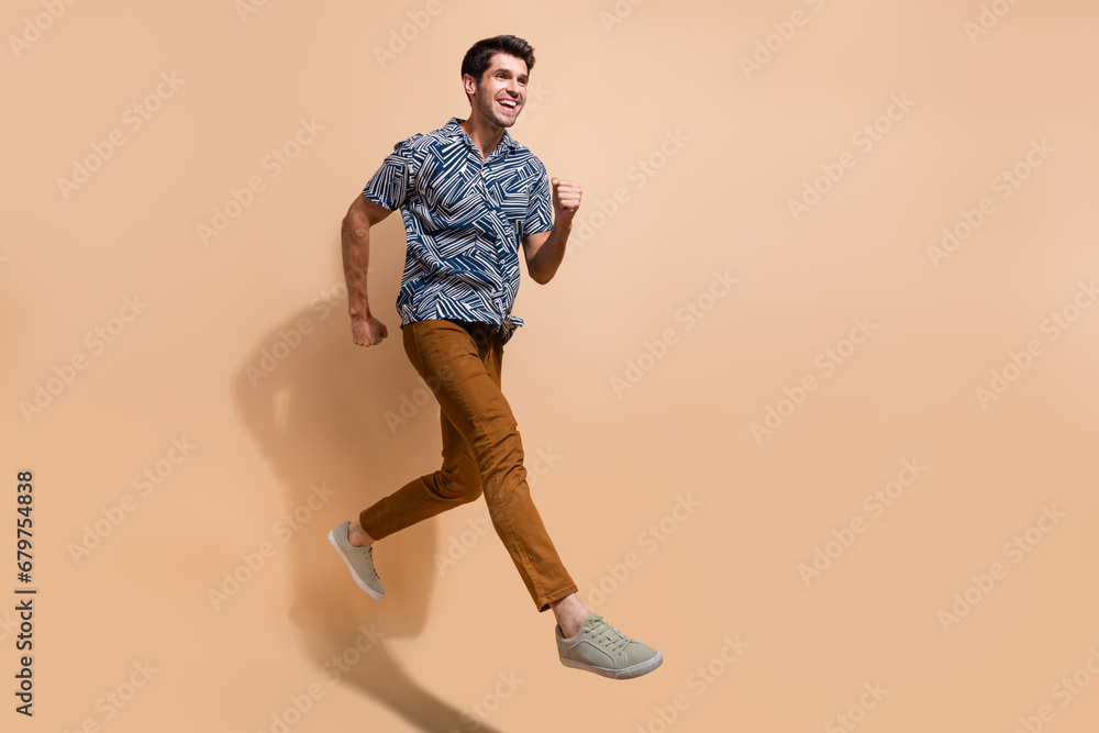Poster full length body photo of positive funky man running to explore more experiments in science job isol
