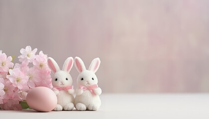 Fototapeta premium Easter Bunnies and Pink Flowers on a Pastel Background