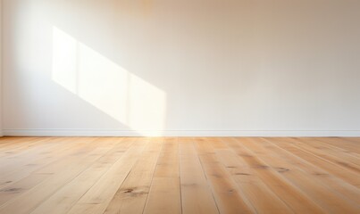 Minimalistic stock image of a sleek, light-colored, smooth wood floor room with sharp details and even lighting. The wood grain texture stands out against a pure white wall