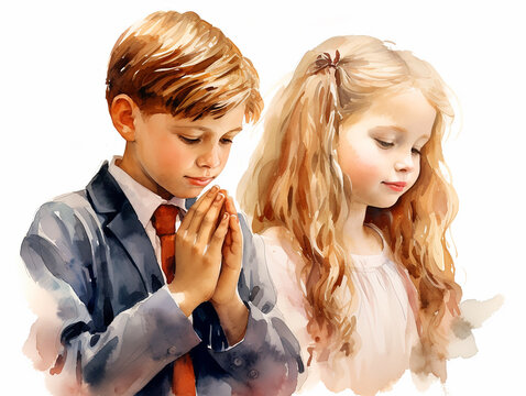crianças fazendo oração arte aquarela em fundo branco 