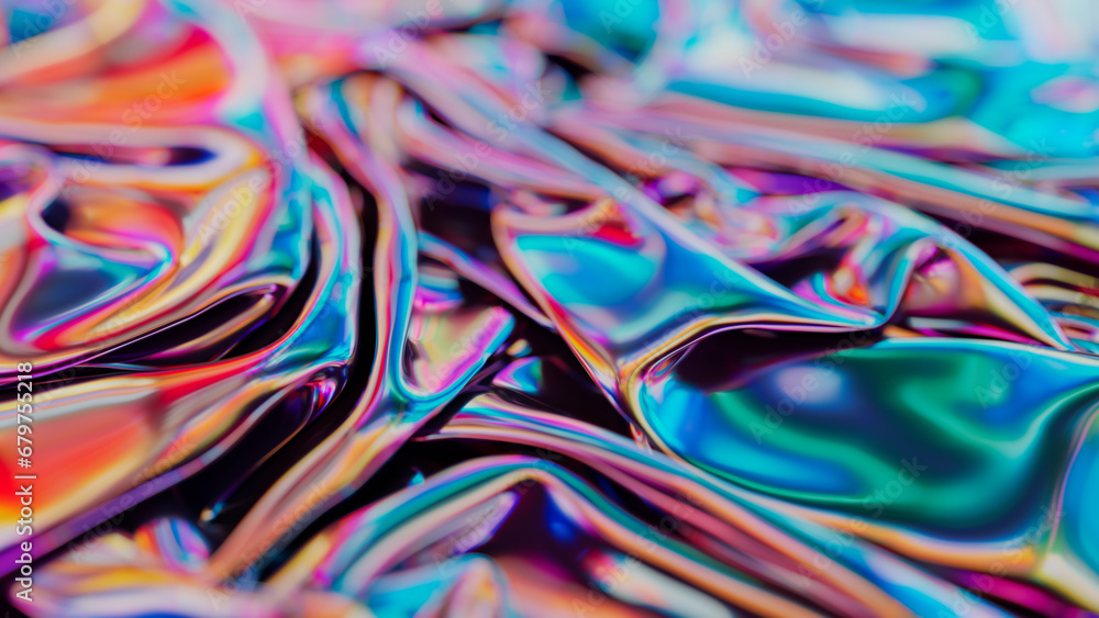 Poster 3d abstract retro digital fabric. sci-fi background. holographic neon foil. rainbow reflection. 3d r