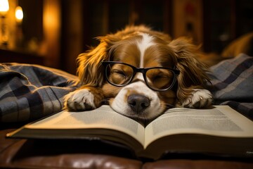 Clever dog in glasses sleeping on a books. Funny cute pet in library. Preparing for the exam, education concept