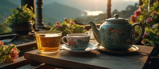 Breakfast in the morning. Tea cup, teapot and flowers on the table