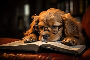 Clever dog in glasses sleeping on a books. Funny cute pet in library. Preparing for the exam, education concept