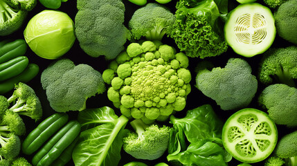 Green vegetables background high angle view. Healthy food and dieting. - obrazy, fototapety, plakaty
